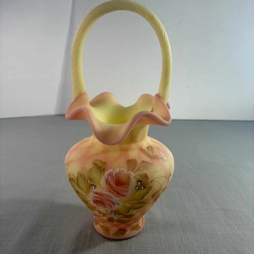Vintage Fenton Heirloom Optic Hand Painted Rose Satin Glass Basket 2003 USA